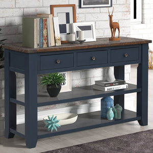 English Elm 48'' Pine Wood Console Table Vintage Entryway Piece with 3 Drawers and Open Shelves Navy Blue W1202P360961