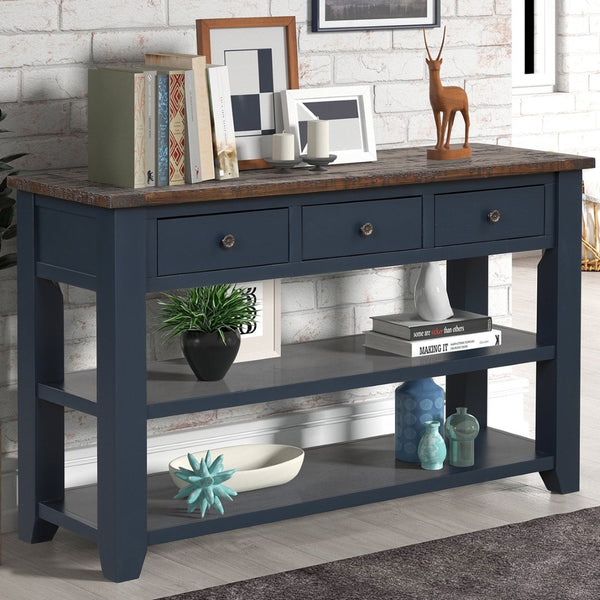 English Elm 48'' Pine Wood Console Table Vintage Entryway Piece with 3 Drawers and Open Shelves Navy Blue W1202P360961