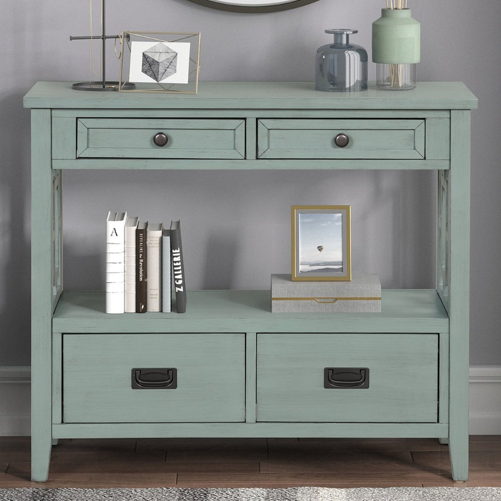 English Elm 36'' Solid Pine Farmhouse Console Four Drawer Entryway Table with Open Shelf Retro Blue W120246662