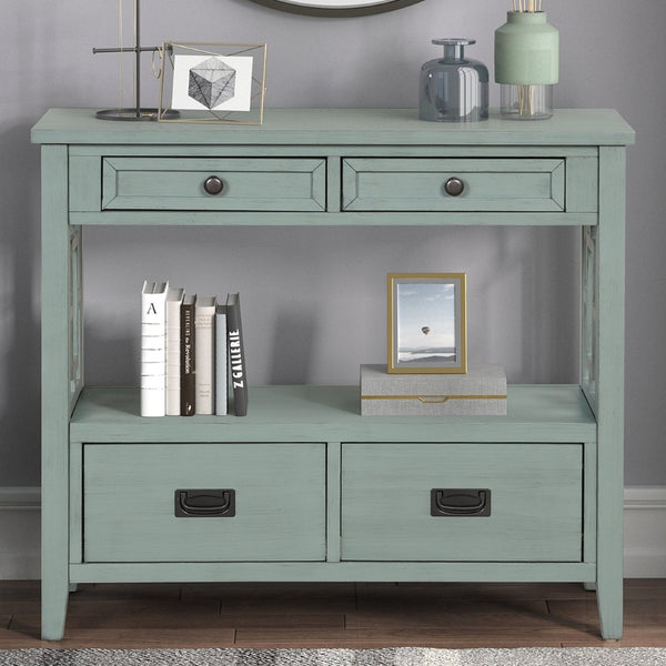 English Elm 36'' Solid Pine Farmhouse Console Four Drawer Entryway Table with Open Shelf Retro Blue W120246662