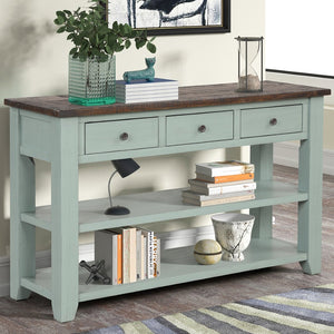 English Elm 48'' Pine Wood Console Table Vintage Entryway Piece with 3 Drawers and Open Shelves Retro Blue W1202P360960