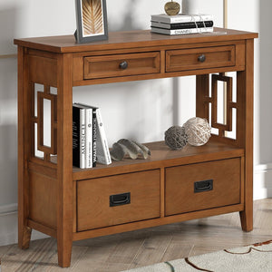 English Elm 36'' Solid Pine Farmhouse Console Four Drawer Entryway Table with Open Shelf Brown W120246663