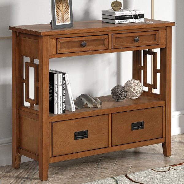 English Elm 36'' Solid Pine Farmhouse Console Four Drawer Entryway Table with Open Shelf Brown W120246663
