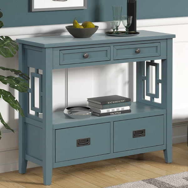 English Elm 36'' Solid Pine Farmhouse Console Four Drawer Entryway Table with Open Shelf Blue W120246660