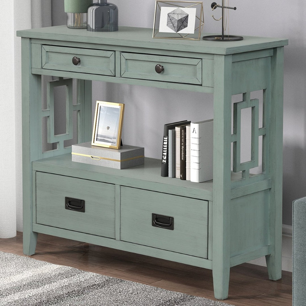 English Elm 36'' Solid Pine Farmhouse Console Four Drawer Entryway Table with Open Shelf Retro Blue W120246662