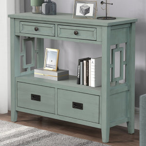 English Elm 36'' Solid Pine Farmhouse Console Four Drawer Entryway Table with Open Shelf Retro Blue W120246662