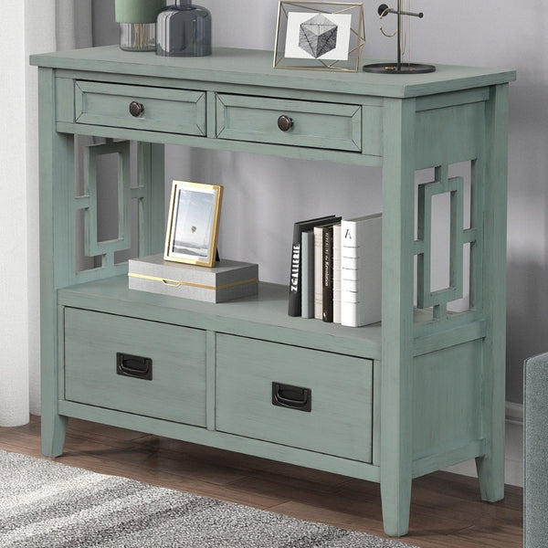 English Elm 36'' Solid Pine Farmhouse Console Four Drawer Entryway Table with Open Shelf Retro Blue W120246662