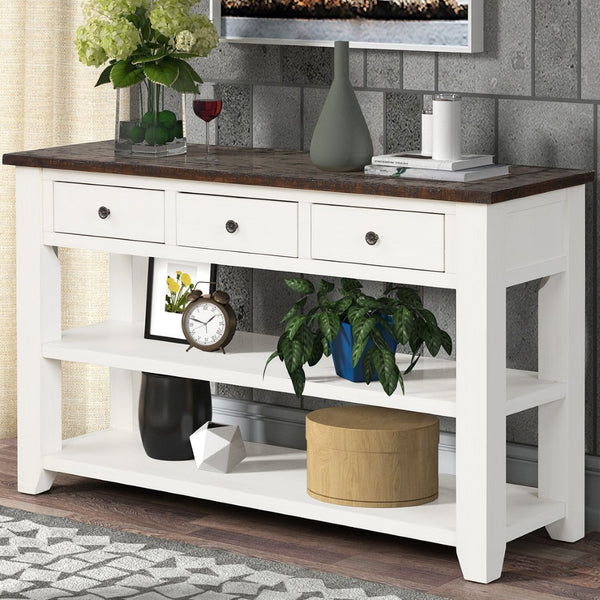 English Elm 48'' Pine Wood Console Table Vintage Entryway Piece with 3 Drawers and Open Shelves Antique White W1202P360964