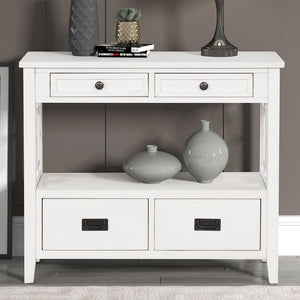 English Elm 36'' Solid Pine Farmhouse Console Four Drawer Entryway Table with Open Shelf Antique White W120246661