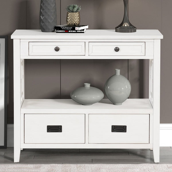 English Elm 36'' Solid Pine Farmhouse Console Four Drawer Entryway Table with Open Shelf Antique White W120246661
