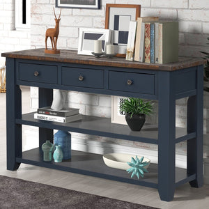 English Elm 48'' Pine Wood Console Table Vintage Entryway Piece with 3 Drawers and Open Shelves Navy Blue W1202P360961