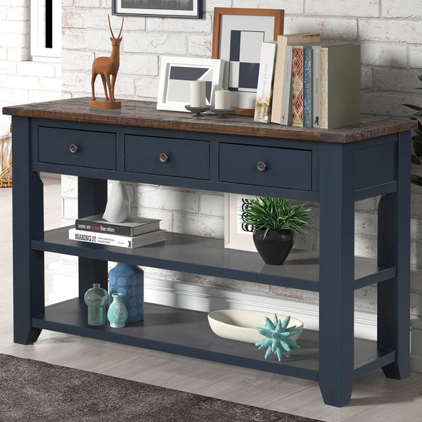 English Elm 48'' Pine Wood Console Table Vintage Entryway Piece with 3 Drawers and Open Shelves Navy Blue W1202P360961