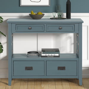 English Elm 36'' Solid Pine Farmhouse Console Four Drawer Entryway Table with Open Shelf Blue W120246660