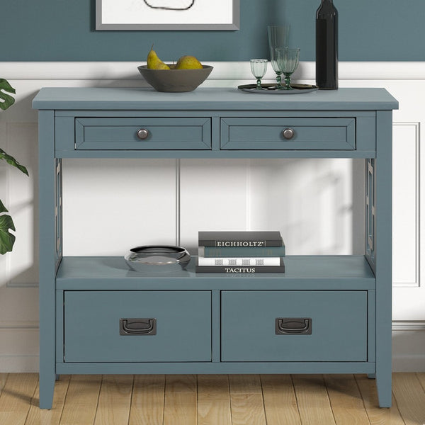 English Elm 36'' Solid Pine Farmhouse Console Four Drawer Entryway Table with Open Shelf Blue W120246660