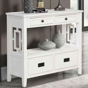English Elm 36'' Solid Pine Farmhouse Console Four Drawer Entryway Table with Open Shelf Antique White W120246661