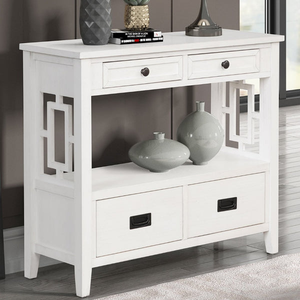 English Elm 36'' Solid Pine Farmhouse Console Four Drawer Entryway Table with Open Shelf Antique White W120246661