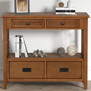 English Elm 36'' Solid Pine Farmhouse Console Four Drawer Entryway Table with Open Shelf Brown W120246663