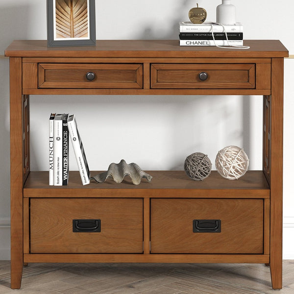English Elm 36'' Solid Pine Farmhouse Console Four Drawer Entryway Table with Open Shelf Brown W120246663