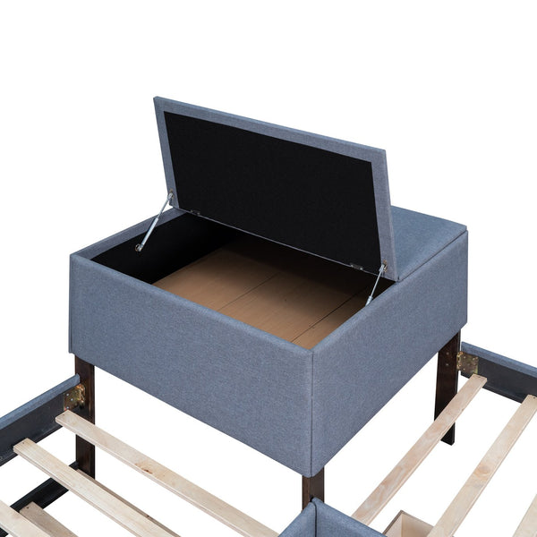 English Elm L-shaped Upholstered Platform Bed with Trundle, Built-In Desk & 2 Drawers, Twin Gray, Space-Saving Hub GX000531AAE