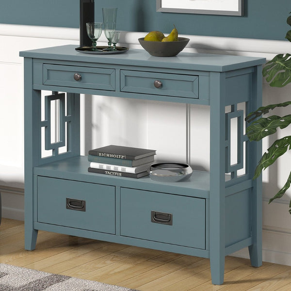 English Elm 36'' Solid Pine Farmhouse Console Four Drawer Entryway Table with Open Shelf Blue W120246660