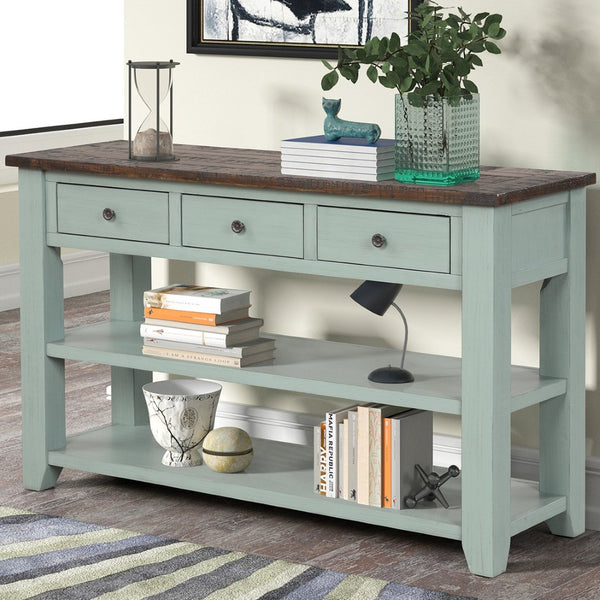 English Elm 48'' Pine Wood Console Table Vintage Entryway Piece with 3 Drawers and Open Shelves Retro Blue W1202P360960