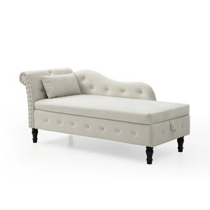 English Elm Aijia Velvet 60" Tufted Storage Chaise Lounge with Nailhead Trim, Solid Wood Legs & Pillow - Beige W111753127