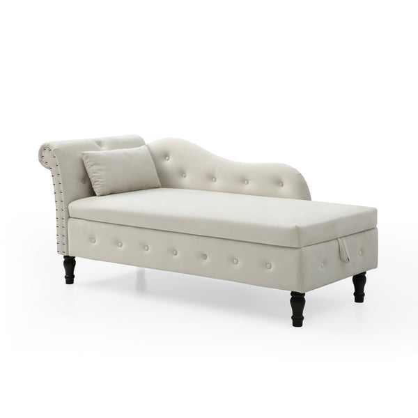 English Elm Aijia Velvet 60" Tufted Storage Chaise Lounge with Nailhead Trim, Solid Wood Legs & Pillow - Beige W111753127