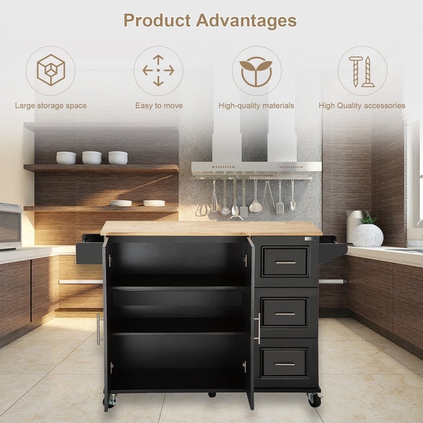 English Elm Kitchen Island & Cart - Mobile Rubber Wood Workstation With Ample Storage, Spice Rack & Towel Holder W420S00004