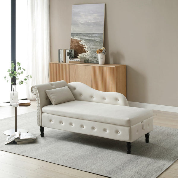 English Elm Aijia Velvet 60" Tufted Storage Chaise Lounge with Nailhead Trim, Solid Wood Legs & Pillow - Beige W111753127