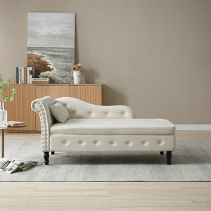 English Elm Aijia Velvet 60" Tufted Storage Chaise Lounge with Nailhead Trim, Solid Wood Legs & Pillow - Beige W111753127