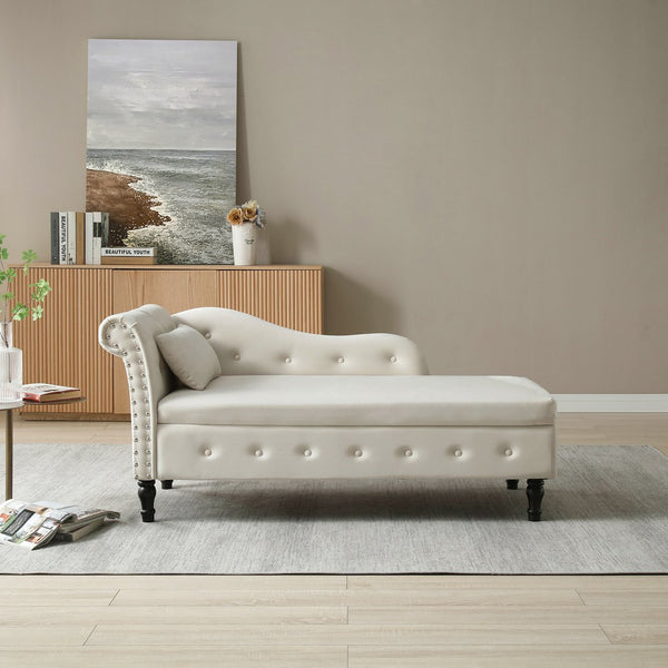 English Elm Aijia Velvet 60" Tufted Storage Chaise Lounge with Nailhead Trim, Solid Wood Legs & Pillow - Beige W111753127