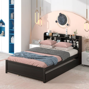 English Elm Full Bed with Pull Out Trundle and Bookcase Headboard for Kids or Guest Rooms Espresso W504P396574