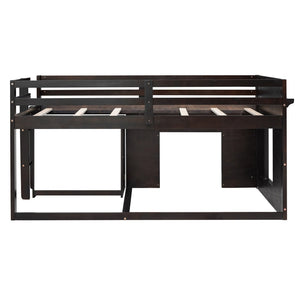 English Elm Twin Low Loft Bed with Storage Drawers Cabinet and Shelf in Espresso Wood LP001501AAP-1