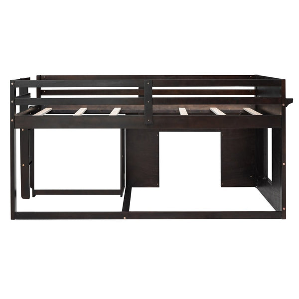 English Elm Twin Low Loft Bed with Storage Drawers Cabinet and Shelf in Espresso Wood LP001501AAP