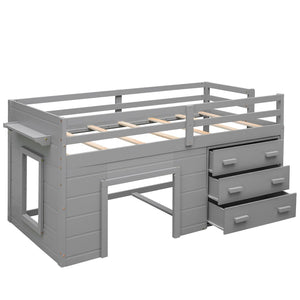 English Elm Twin Low Loft Bed with Storage Drawers Cabinet and Shelf in Espresso Wood Gray LP001501AAE-1
