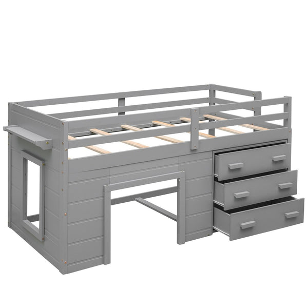 English Elm Twin Low Loft Bed with Storage Drawers Cabinet and Shelf in Espresso Wood Gray LP001501AAE-1