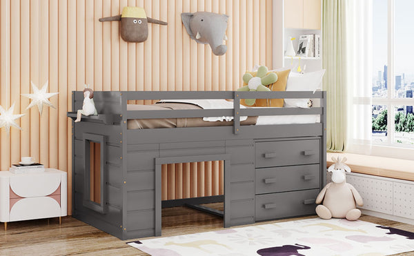 English Elm Twin Low Loft Bed with Storage Drawers Cabinet and Shelf in Espresso Wood Gray LP001501AAE-1