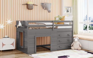 English Elm Twin Low Loft Bed with Storage Drawers Cabinet and Shelf in Espresso Wood Gray LP001501AAE