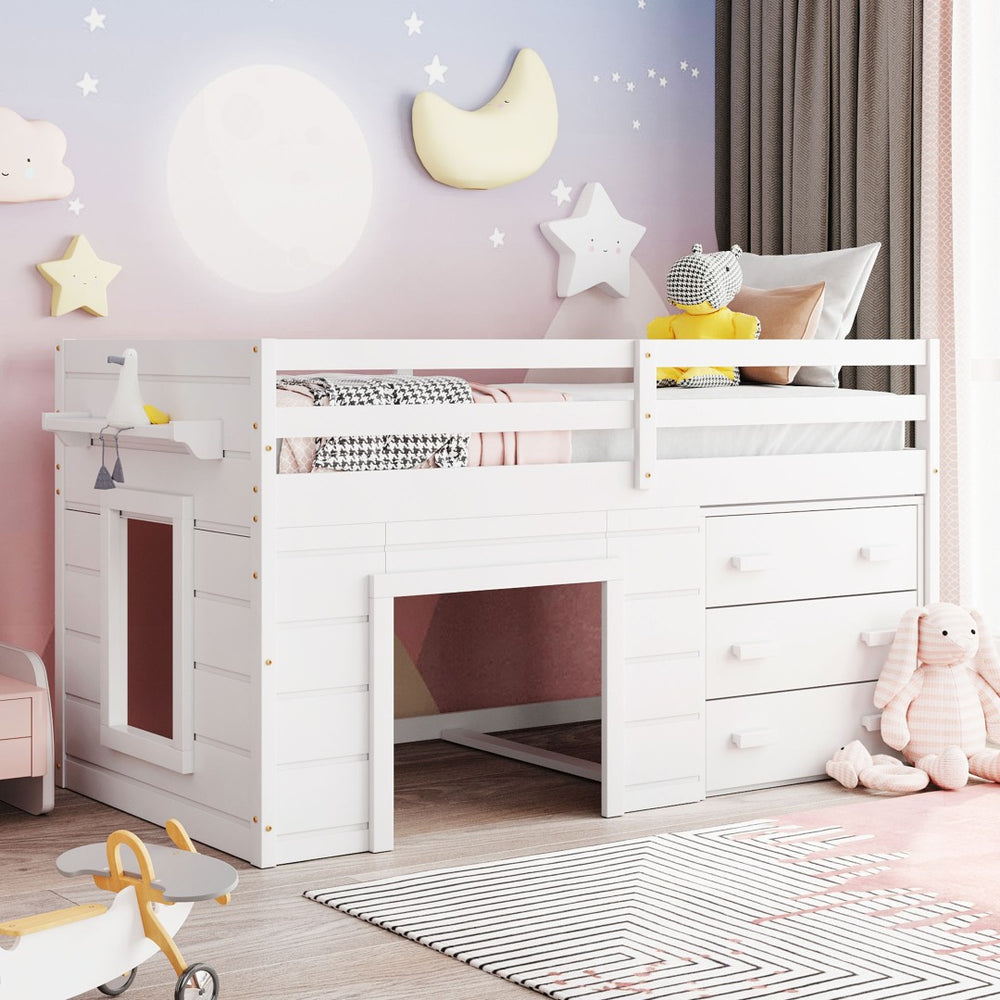 English Elm Twin Low Loft Bed with Storage Drawers Cabinet and Shelf in Espresso Wood White LP001501AAK-1