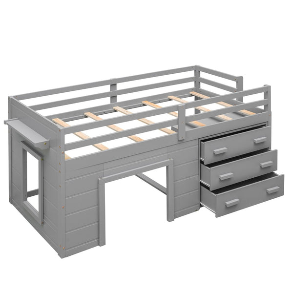 English Elm Twin Low Loft Bed with Storage Drawers Cabinet and Shelf in Espresso Wood Gray LP001501AAE