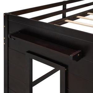 English Elm Twin Low Loft Bed with Storage Drawers Cabinet and Shelf in Espresso Wood LP001501AAP