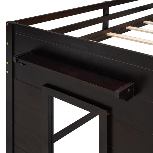 English Elm Twin Low Loft Bed with Storage Drawers Cabinet and Shelf in Espresso Wood LP001501AAP