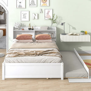 English Elm Full Bed with Pull Out Trundle and Bookcase Headboard for Kids or Guest Rooms White W504P396552