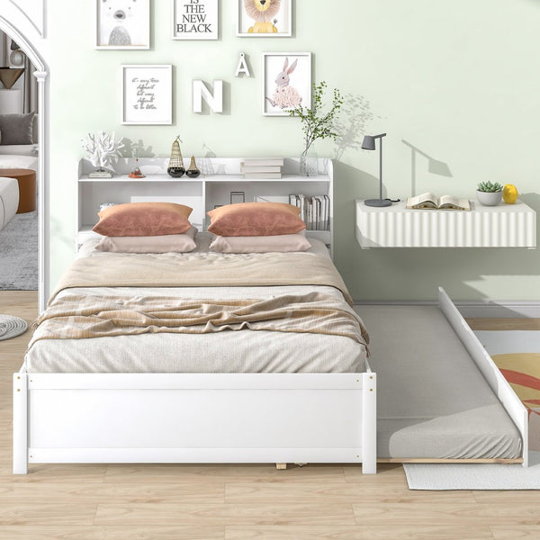 English Elm Full Bed with Pull Out Trundle and Bookcase Headboard for Kids or Guest Rooms White W504P396552