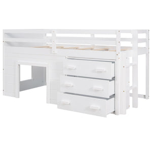 English Elm Twin Low Loft Bed with Storage Drawers Cabinet and Shelf in Espresso Wood White LP001501AAK-1