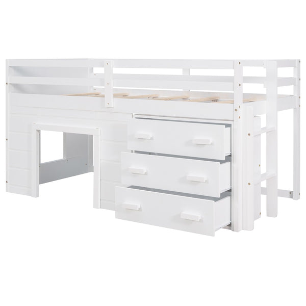 English Elm Twin Low Loft Bed with Storage Drawers Cabinet and Shelf in Espresso Wood White LP001501AAK-1