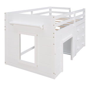 English Elm Twin Low Loft Bed with Storage Drawers Cabinet and Shelf in Espresso Wood White LP001501AAK-1