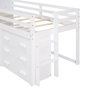 English Elm Twin Low Loft Bed with Storage Drawers Cabinet and Shelf in Espresso Wood White LP001501AAK-1