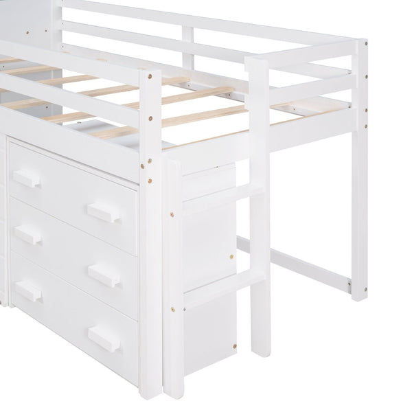 English Elm Twin Low Loft Bed with Storage Drawers Cabinet and Shelf in Espresso Wood White LP001501AAK-1
