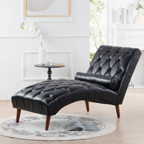 English Elm Upholstered Pu Chaise Lounge with Birch Legs Sculptural Sled Frame for Bedroom W68041756